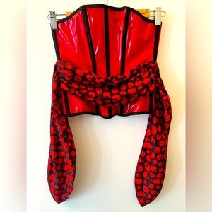 Red vinyl corset with attached skull fabric, size S